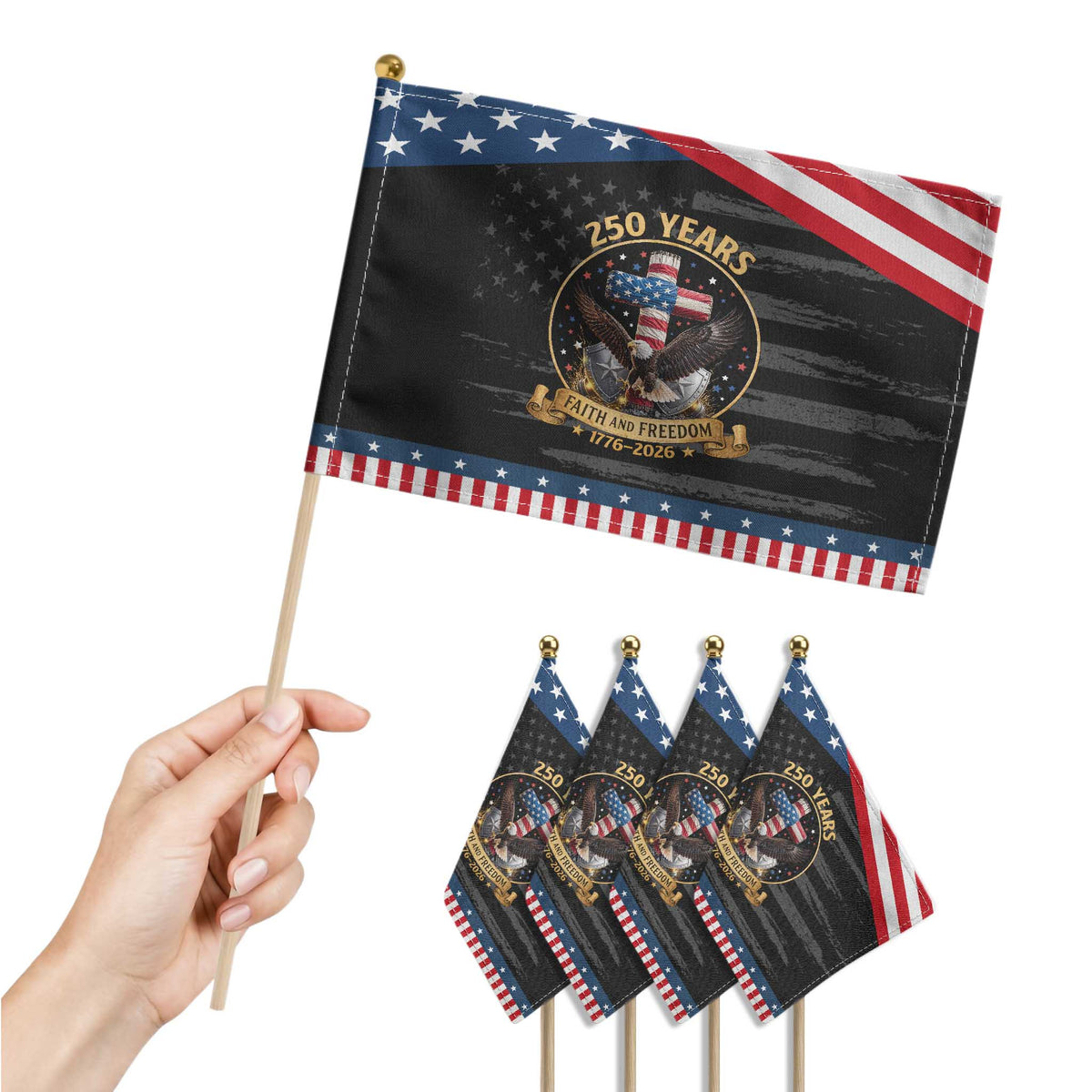 Christian Patriotic Eagle Cross Patriotic Handheld Flag 250 Years Faith And Freedom USA Gift