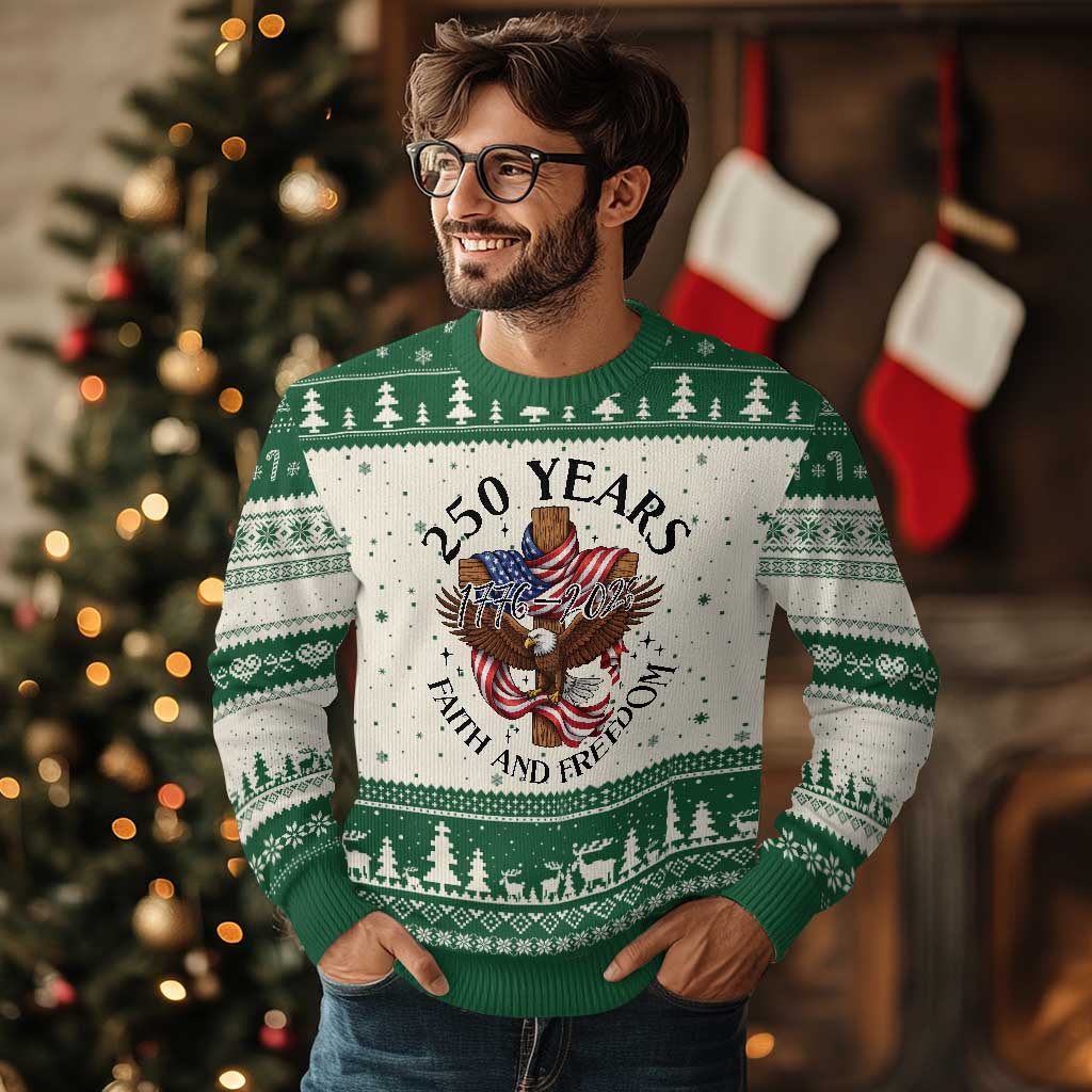 250 Years Faith And Freedom Ugly Christmas Sweater Patriotic Christian Eagle