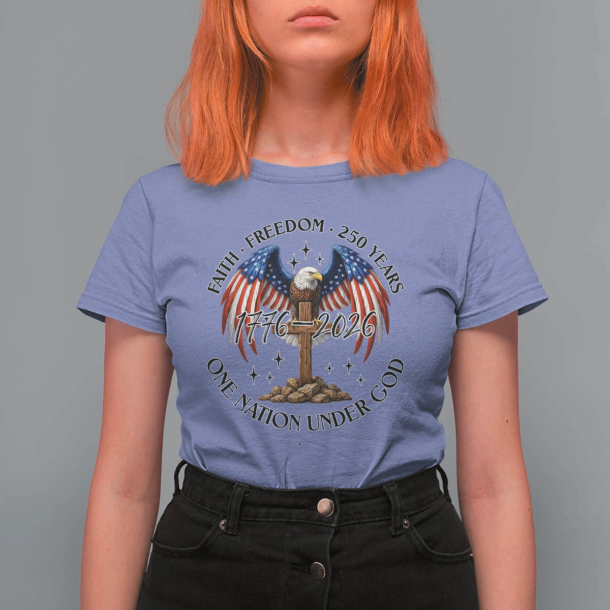 Patriotic Eagle Cross One Nation Under God T Shirt For Women 250th Anniversary