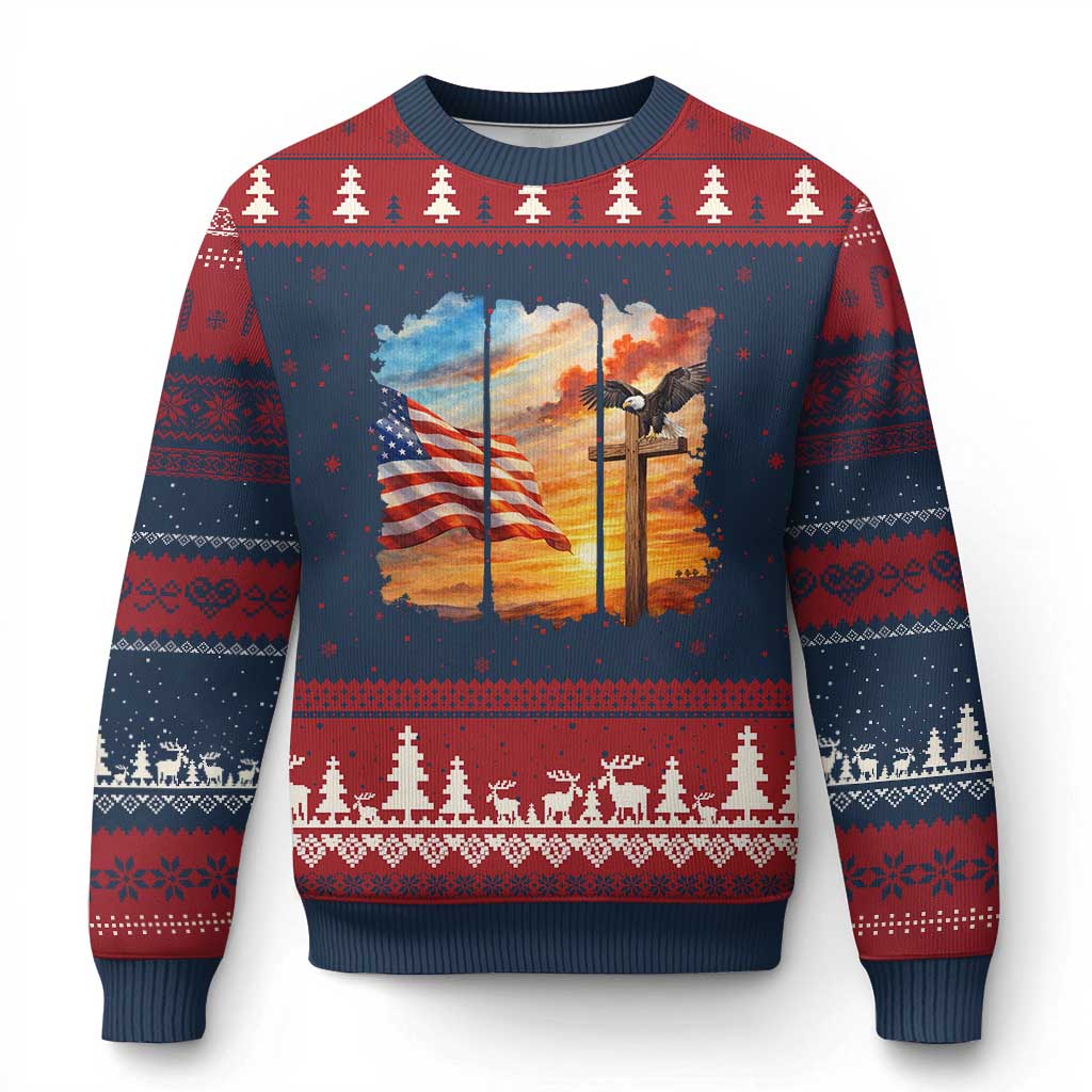 Faith And Freedom Christian American Flag Eagle Ugly Christmas Sweater American Faith Pride
