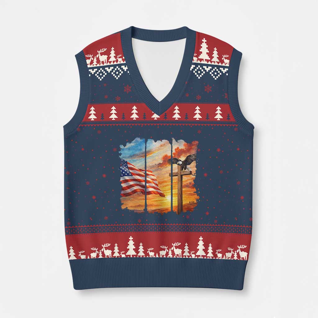 Faith And Freedom Christian American Flag Eagle V-Neck Knit Sweater Vest American Faith Pride
