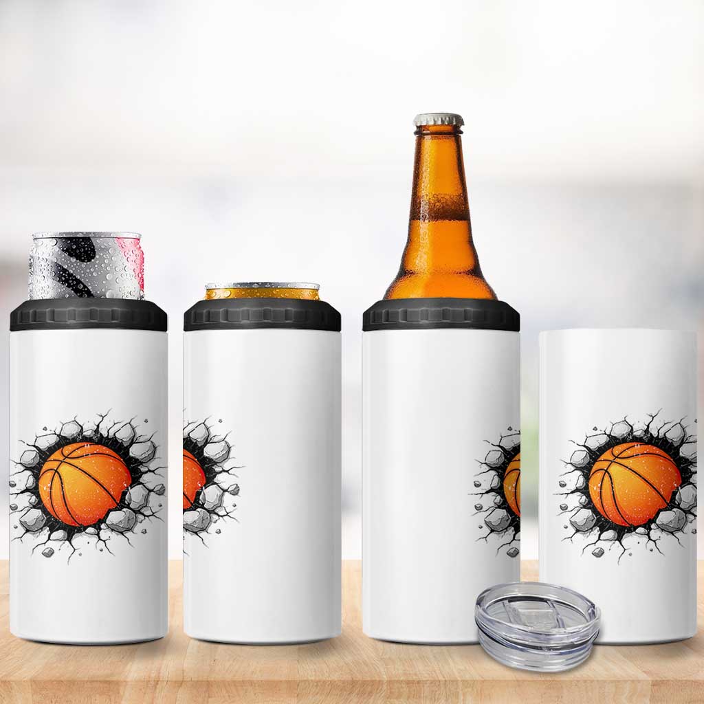 Funny Basketball Bursting Through Wall 4 in 1 Can Cooler Tumbler Sports Fan Gift