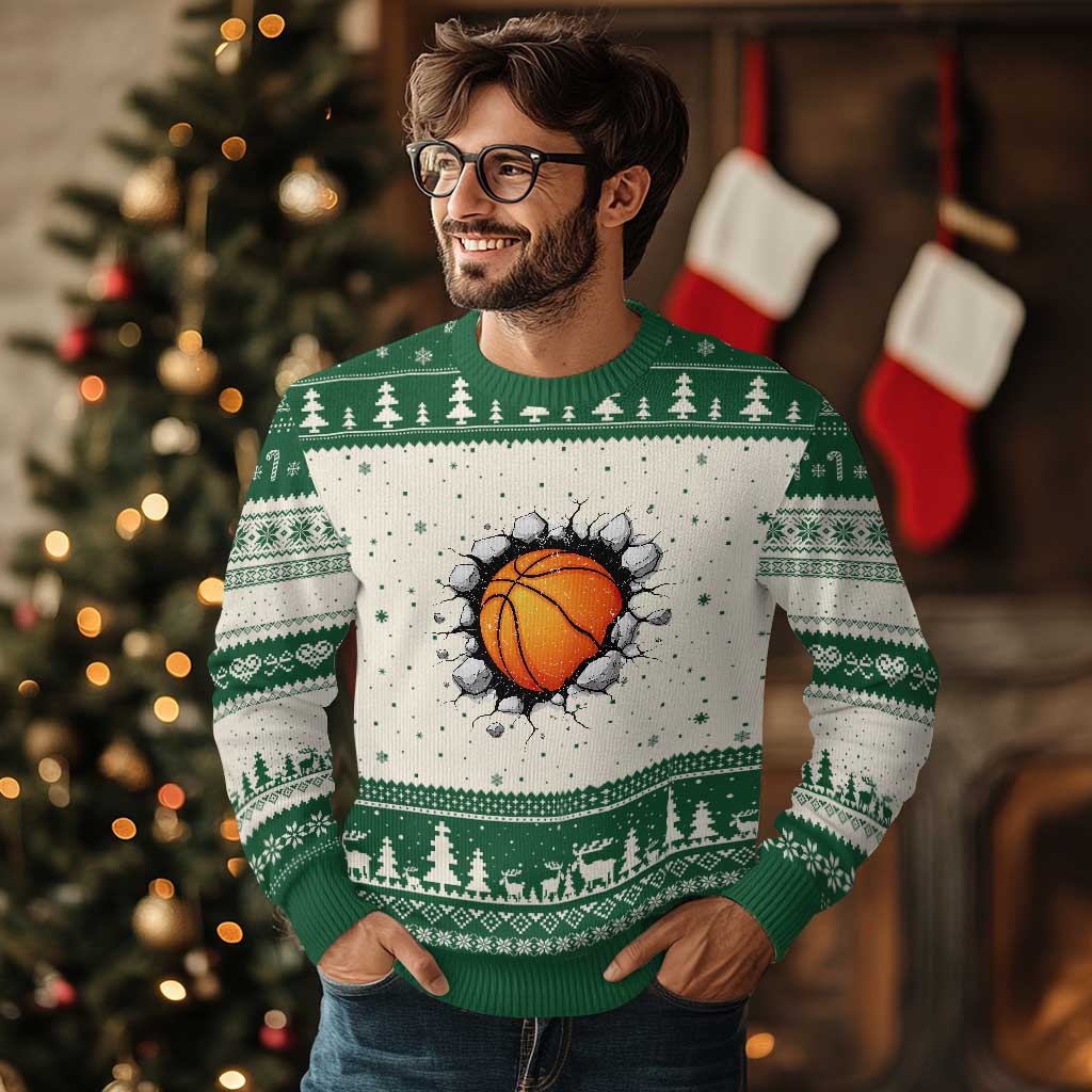 Funny Basketball Bursting Through Wall Ugly Christmas Sweater Sports Fan Gift