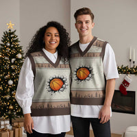 Funny Basketball Bursting Through Wall V-Neck Knit Sweater Vest Sports Fan Gift