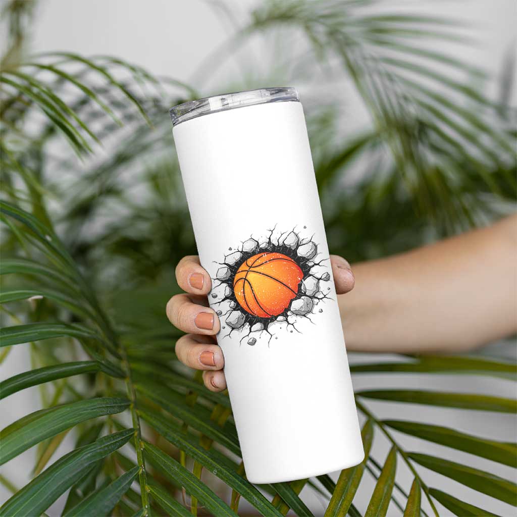 Funny Basketball Bursting Through Wall Skinny Tumbler Sports Fan Gift