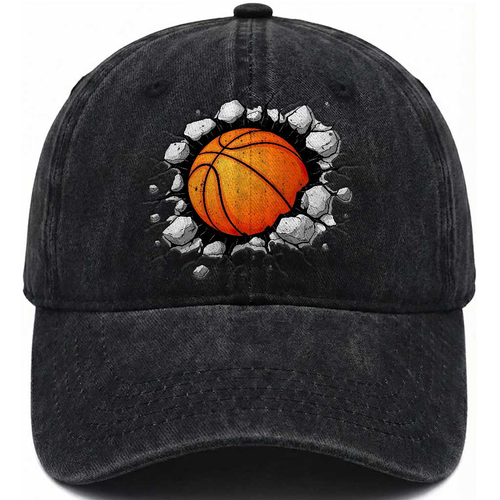 Funny Basketball Bursting Through Wall Washed Cotton Baseball Cap Sports Fan Gift
