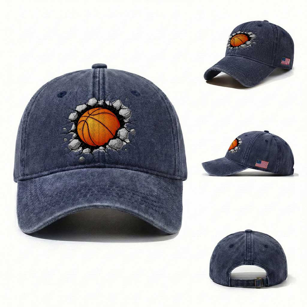 Funny Basketball Bursting Through Wall Washed Cotton Baseball Cap Sports Fan Gift