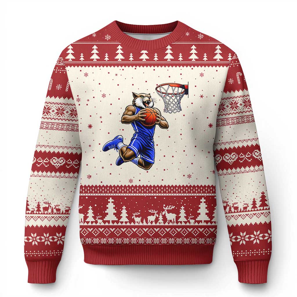 Funny Wildcat Dunking Basketball Ugly Christmas Sweater Gift For Sports Fan