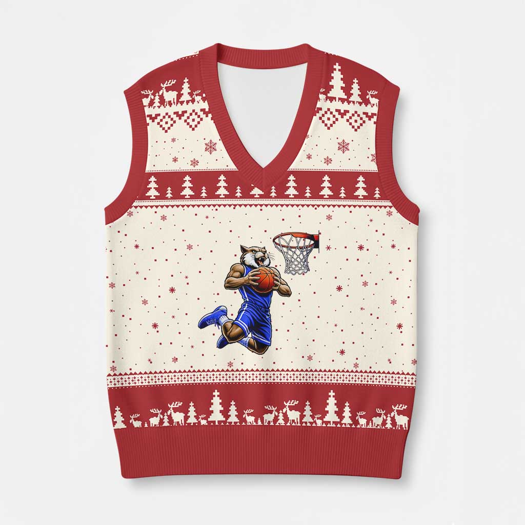 Funny Wildcat Dunking Basketball V-Neck Knit Sweater Vest Gift For Sports Fan