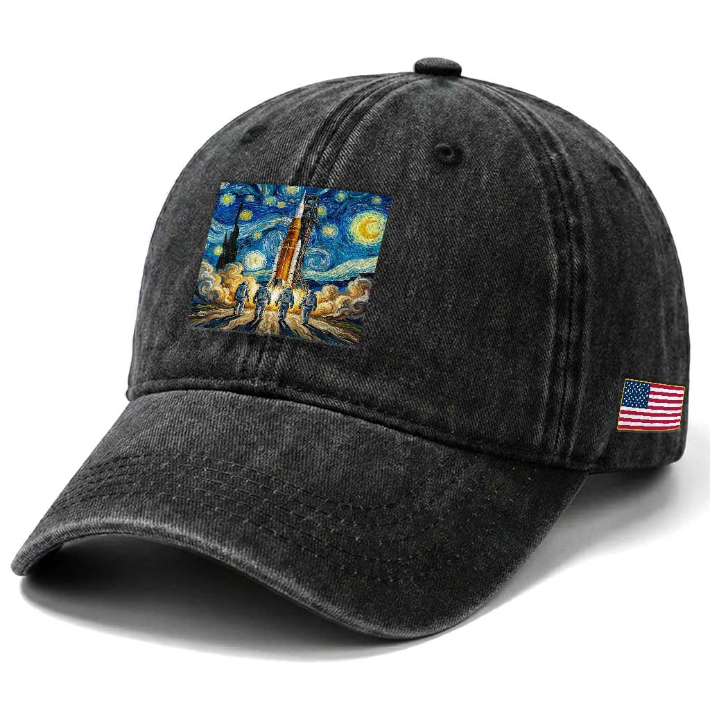 Lunar Mission Astronaut Starry Night Washed Cotton Baseball Cap Space Lover Gift