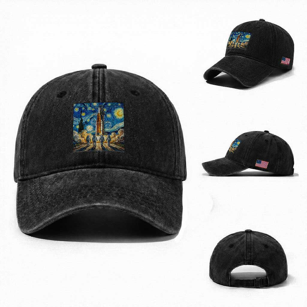 Lunar Mission Astronaut Starry Night Washed Cotton Baseball Cap Space Lover Gift
