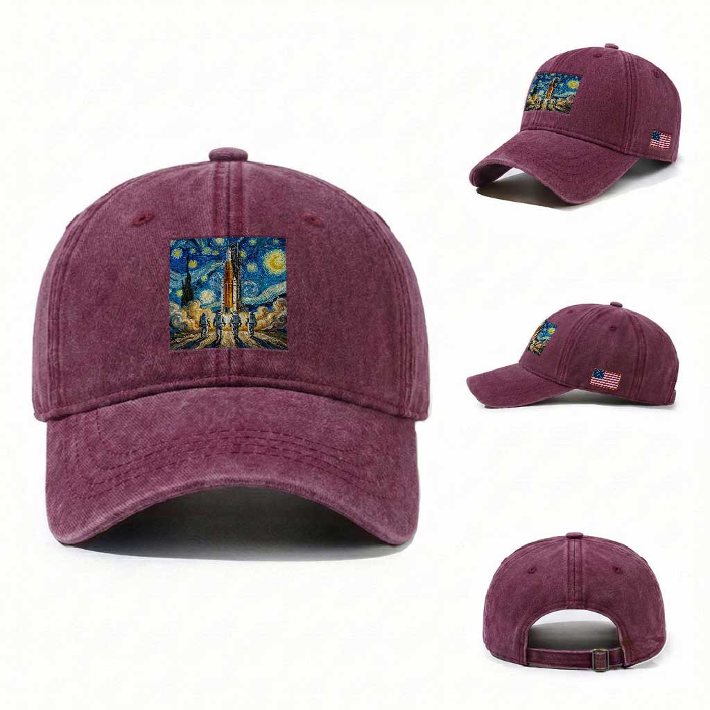 Lunar Mission Astronaut Starry Night Washed Cotton Baseball Cap Space Lover Gift
