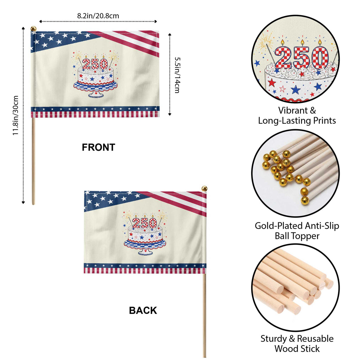 USA 250th Anniversary Birthday Cake Party Gift Patriotic Handheld Flag