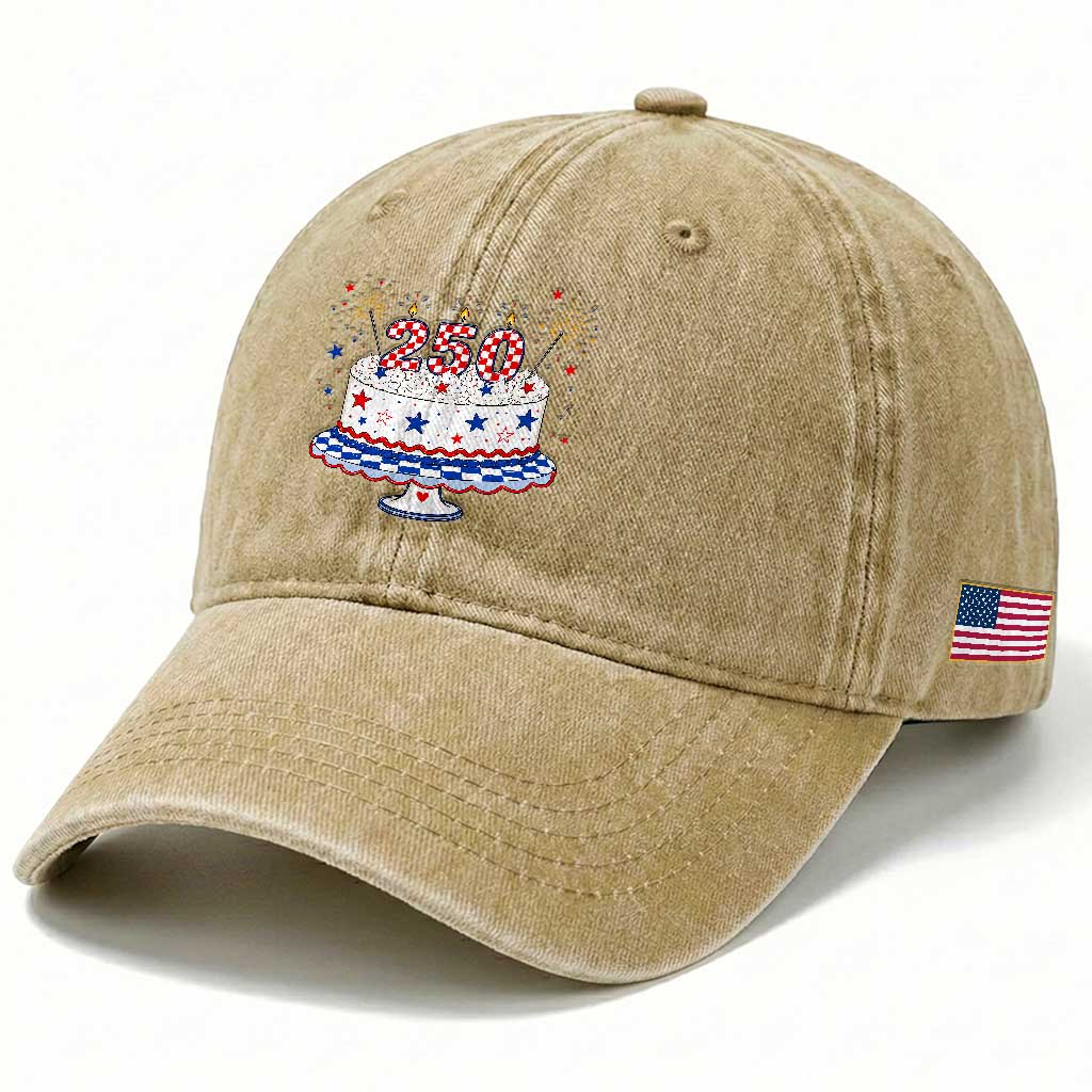 USA 250th Anniversary Birthday Cake Party Gift Washed Cotton Baseball Cap
