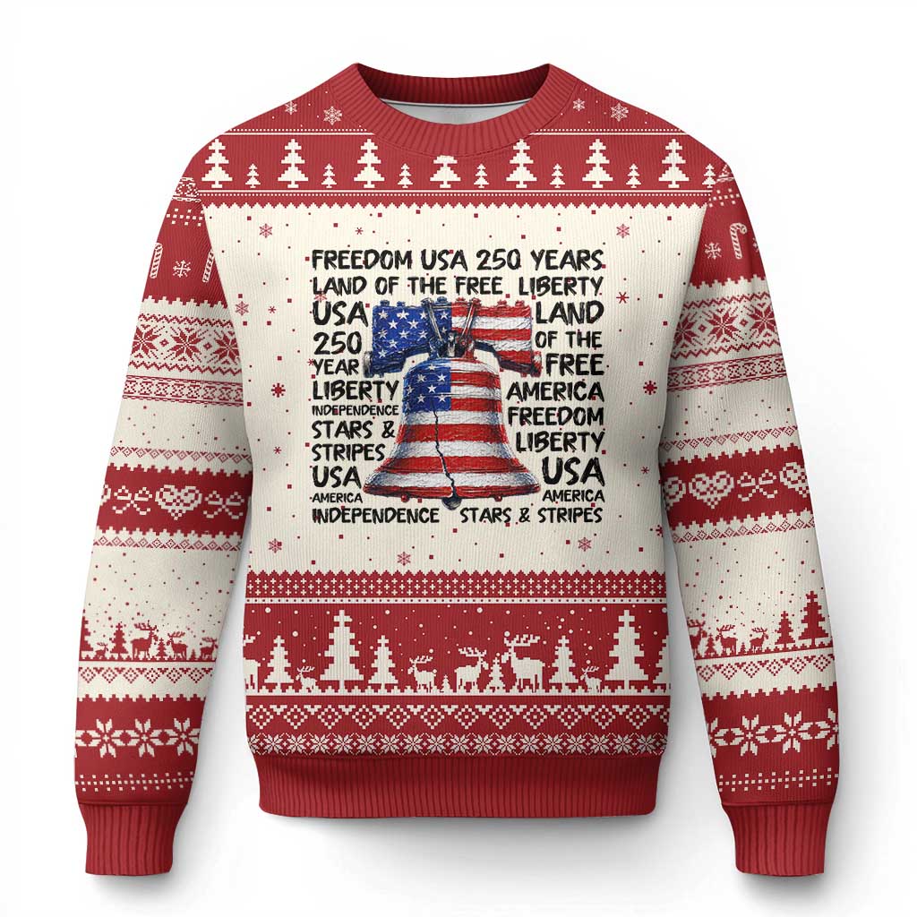 250 Years Of Freedom Ugly Christmas Sweater Red White Blue Liberty Bell