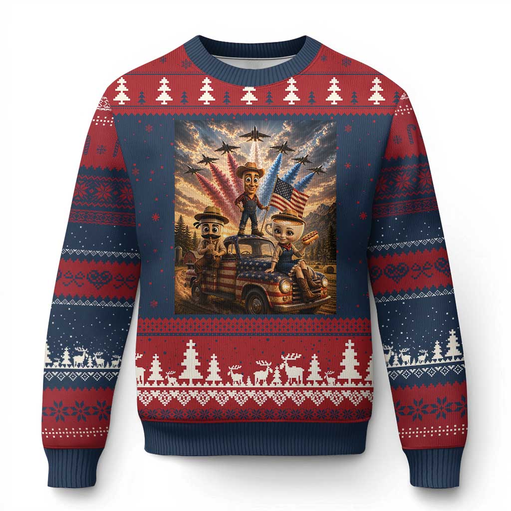 Patriotic Italian Brainrot Farmer Meme Ugly Christmas Sweater Funny USA Freedom Jet Fighter Graphic