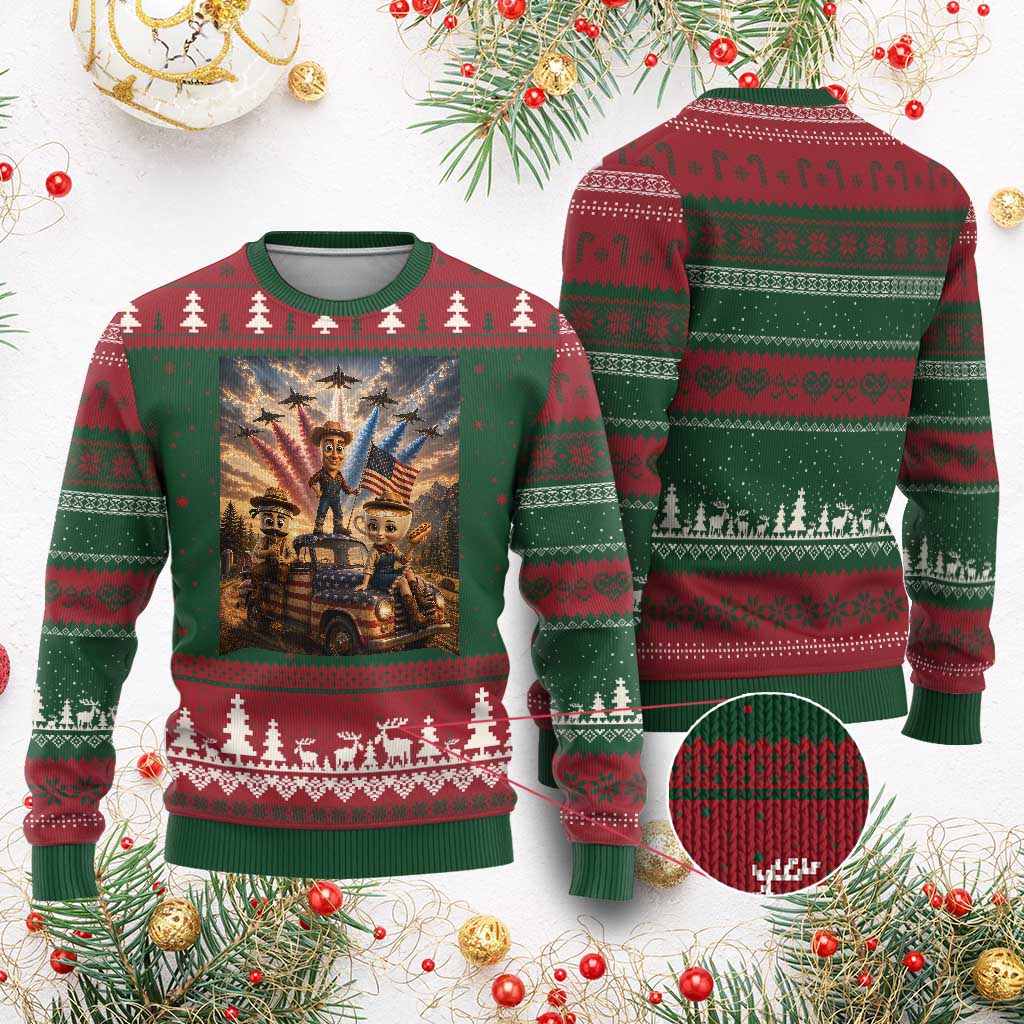 Patriotic Italian Brainrot Farmer Meme Ugly Christmas Sweater Funny USA Freedom Jet Fighter Graphic