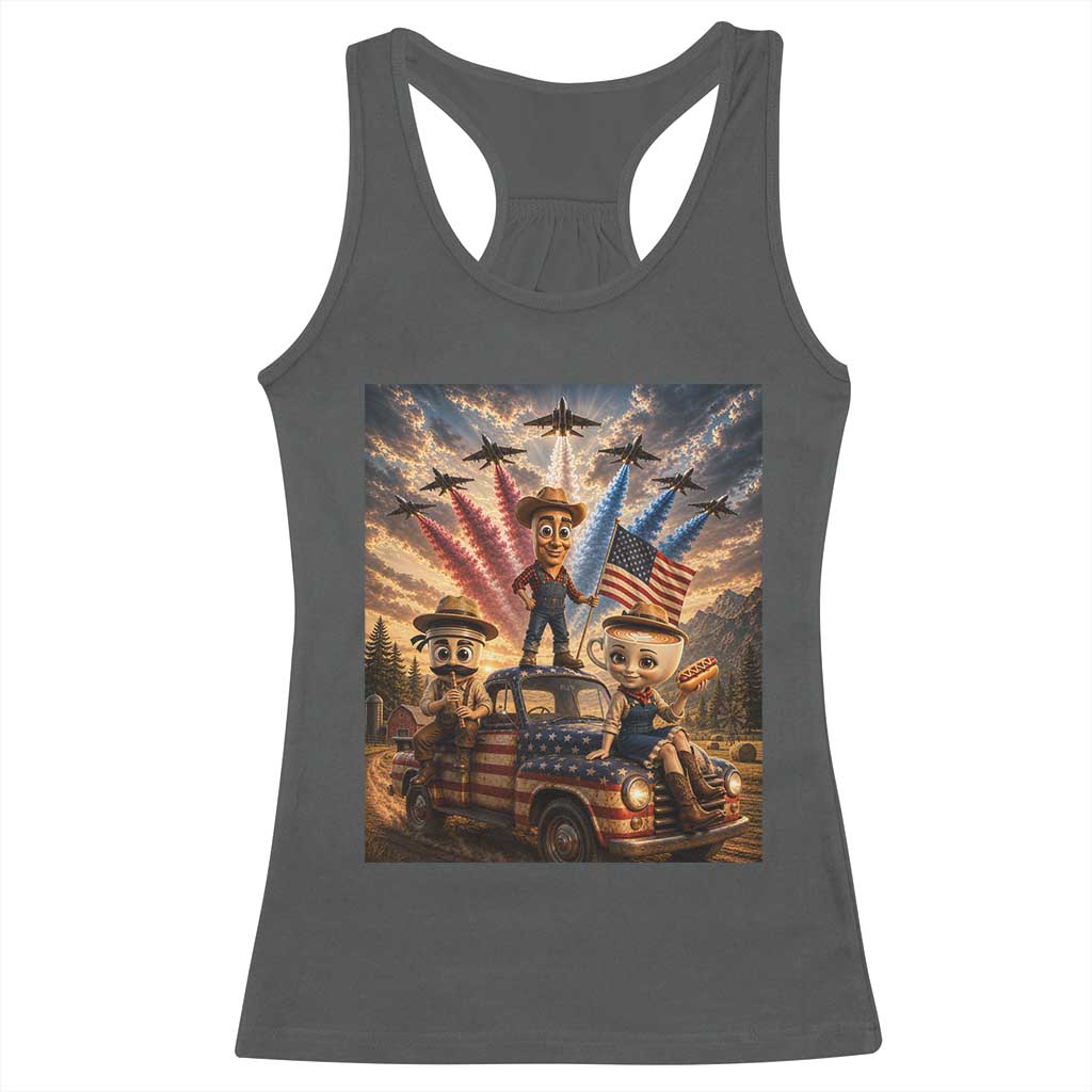 Patriotic Italian Brainrot Farmer Meme Racerback Tank Top Funny USA Freedom Jet Fighter Graphic