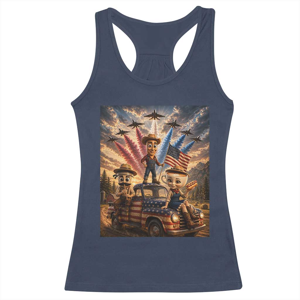 Patriotic Italian Brainrot Farmer Meme Racerback Tank Top Funny USA Freedom Jet Fighter Graphic