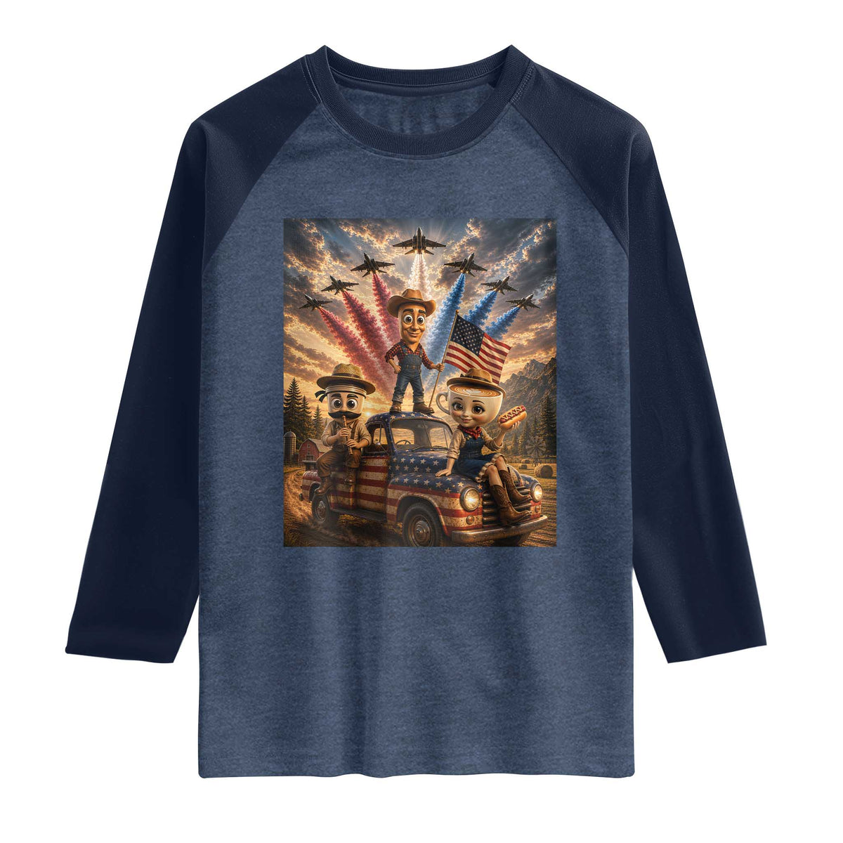 Patriotic Italian Brainrot Farmer Meme Raglan Shirt Funny USA Freedom Jet Fighter Graphic