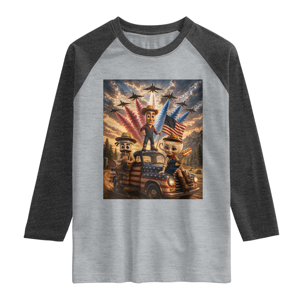 Patriotic Italian Brainrot Farmer Meme Raglan Shirt Funny USA Freedom Jet Fighter Graphic