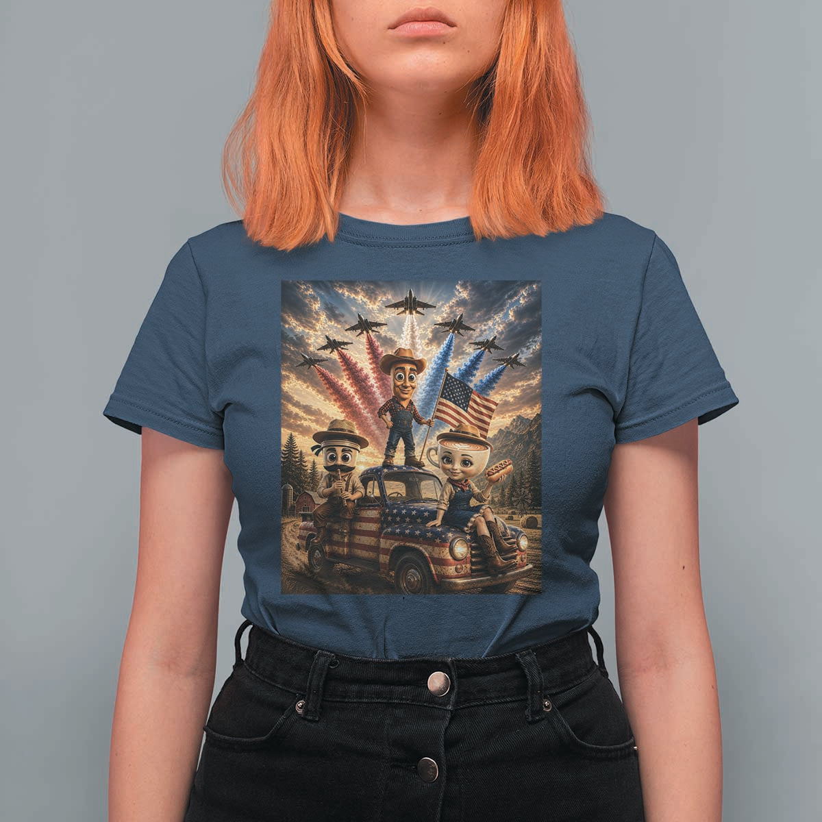 Patriotic Italian Brainrot Farmer Meme T Shirt For Women Funny USA Freedom Jet Fighter Graphic