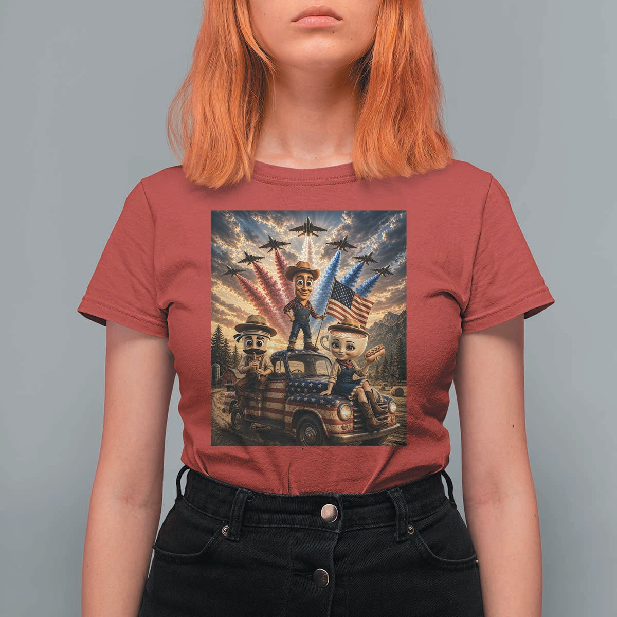 Patriotic Italian Brainrot Farmer Meme T Shirt For Women Funny USA Freedom Jet Fighter Graphic