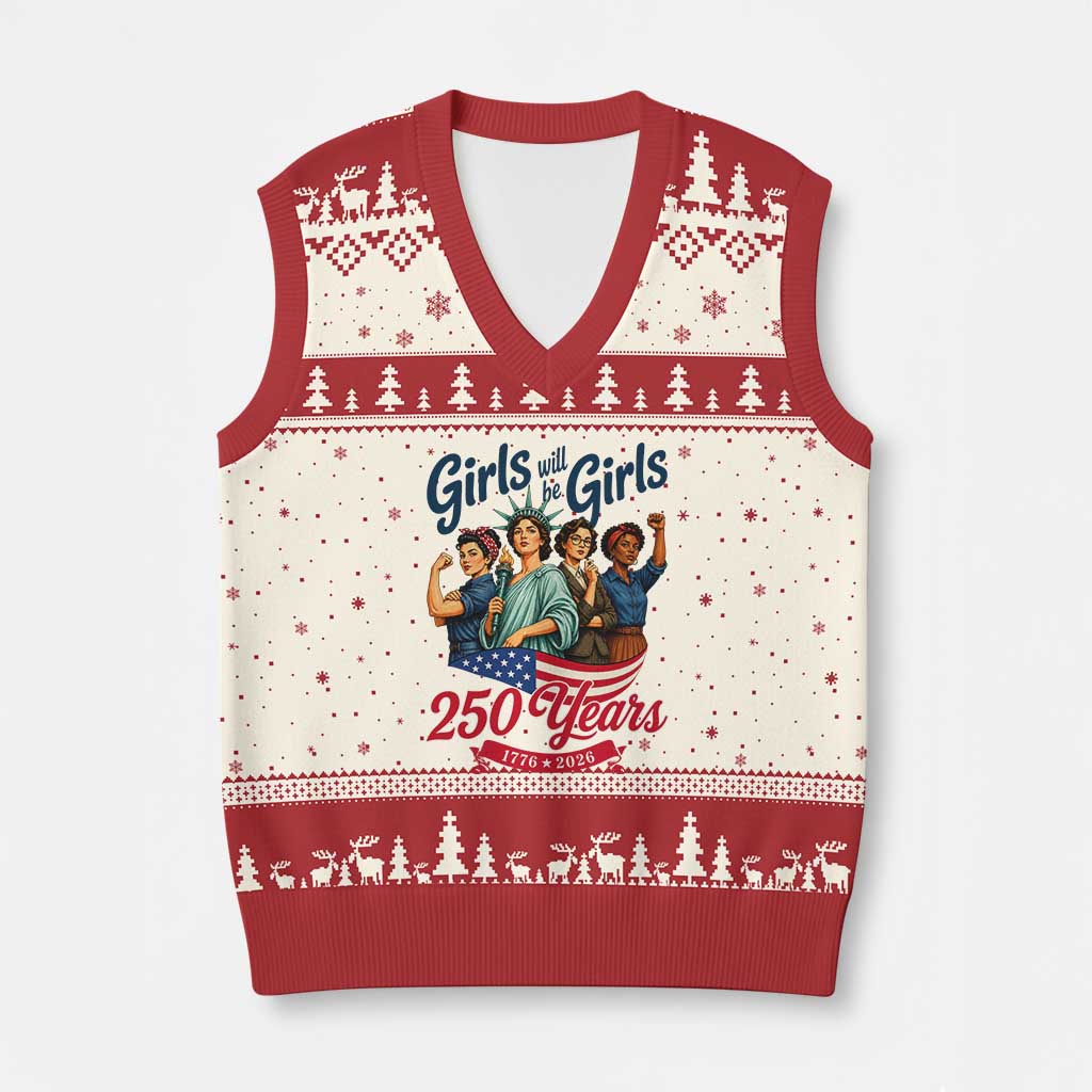 USA 250th Anniversary Feminist V-Neck Knit Sweater Vest Girls Will Be Girls
