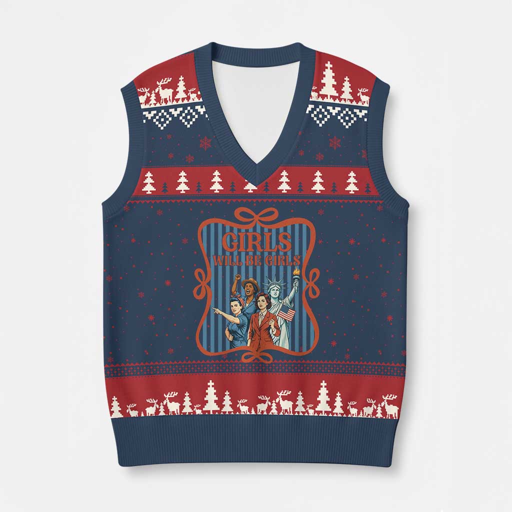 Red White Blue Feminist Pride V-Neck Knit Sweater Vest Girls Will Be Girls