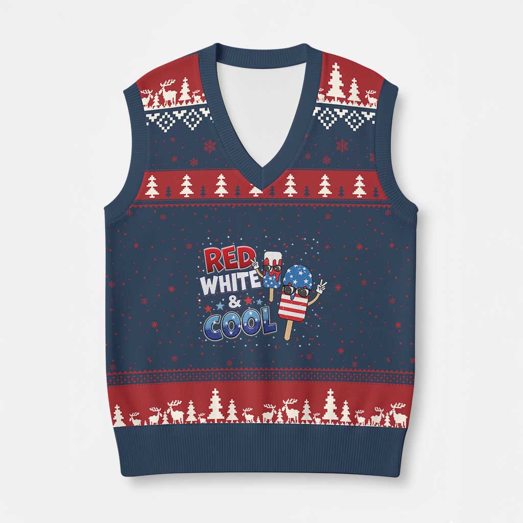 American Flag Popsicle V-Neck Knit Sweater Vest Red White And Cool