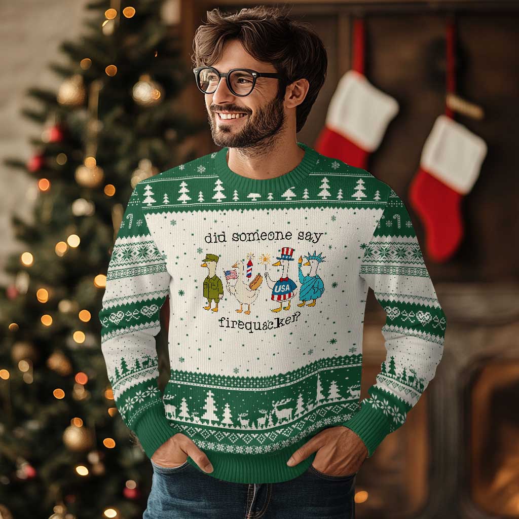 Funny Duck 4th Of July Ugly Christmas Sweater Did Someone Say Firequacker
