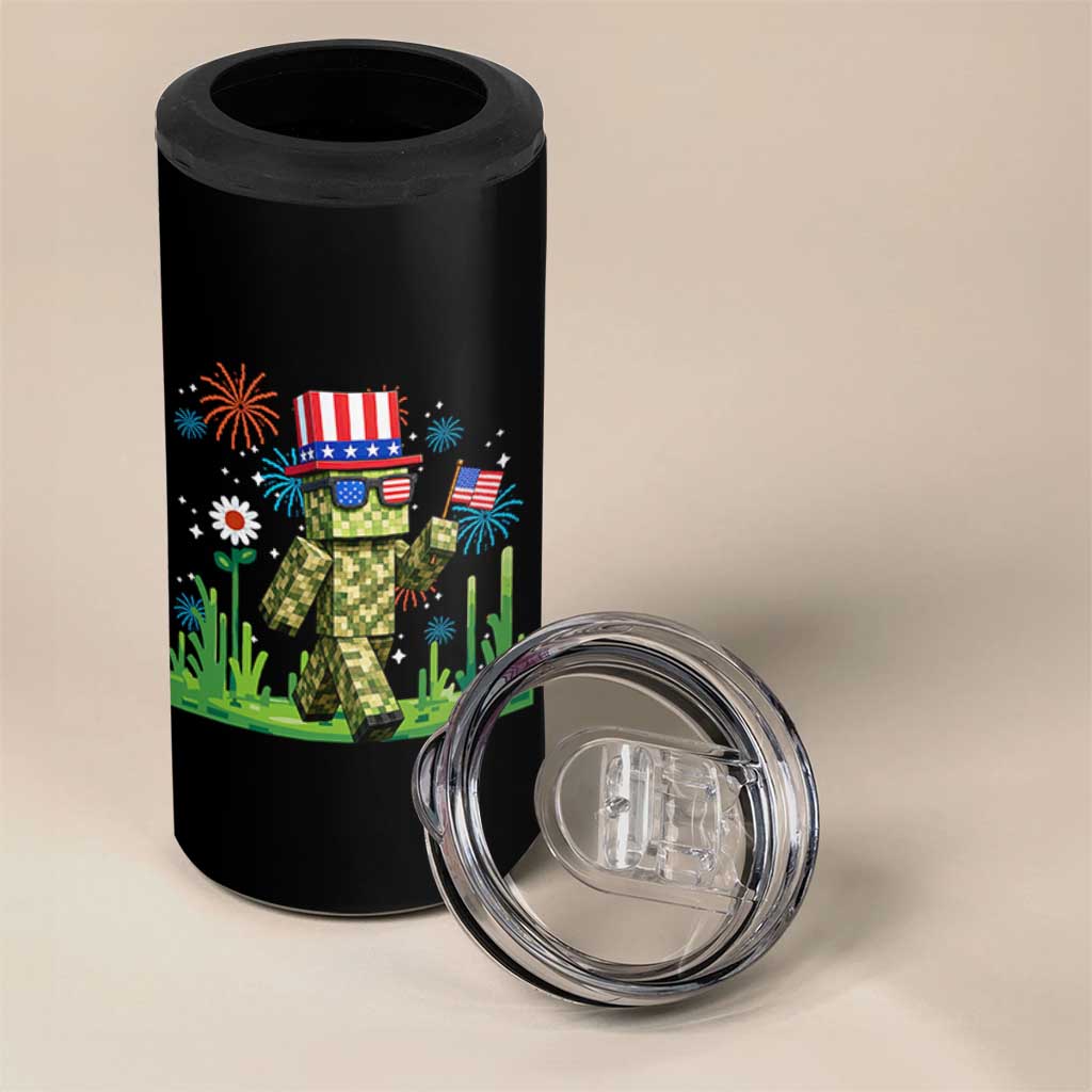 4th Of July Gamer 4 in 1 Can Cooler Tumbler Pixel Art US Flag Gaming