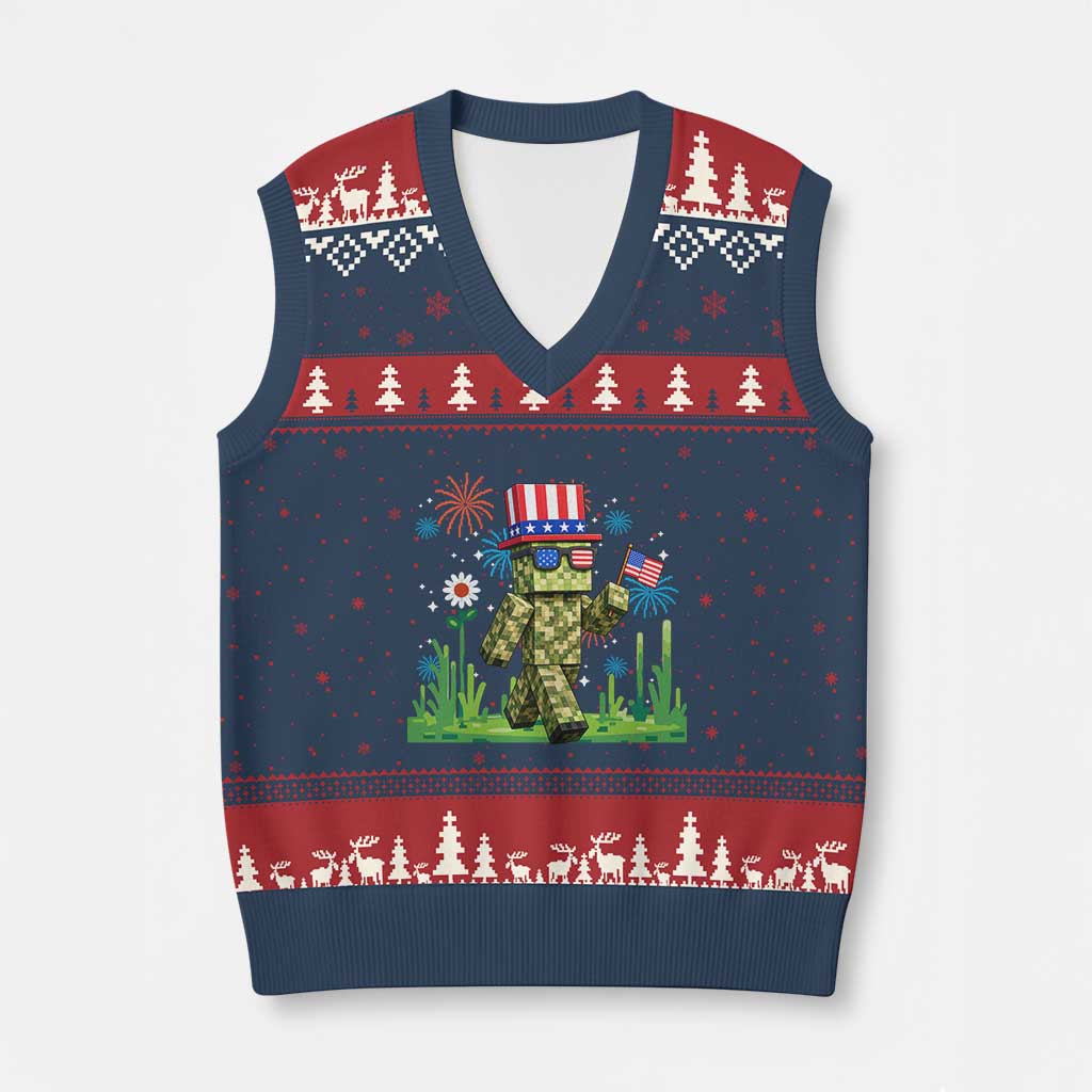 4th Of July Gamer V-Neck Knit Sweater Vest Pixel Art US Flag Gaming