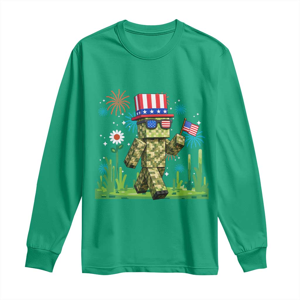 4th Of July Gamer Long Sleeve Shirt Pixel Art US Flag Gaming