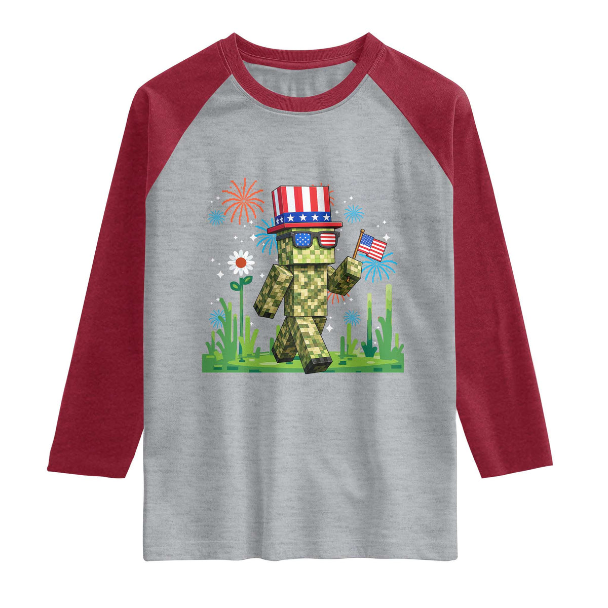 4th Of July Gamer Raglan Shirt Pixel Art US Flag Gaming