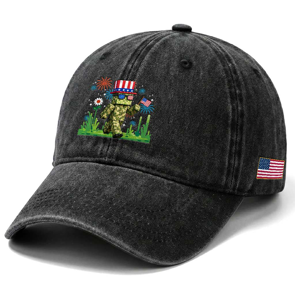 4th Of July Gamer Washed Cotton Baseball Cap Pixel Art US Flag Gaming