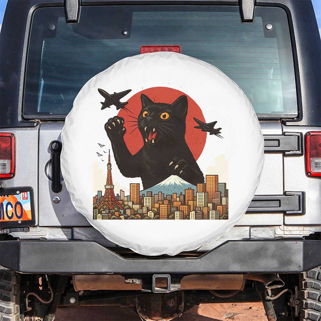 Catzilla Spare Tire Cover Funny Giant Cat Monster Roaring Tokyo Japan - Wonder Print Shop