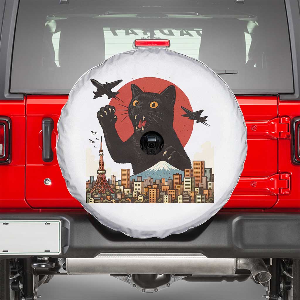 Catzilla Spare Tire Cover Funny Giant Cat Monster Roaring Tokyo Japan - Wonder Print Shop