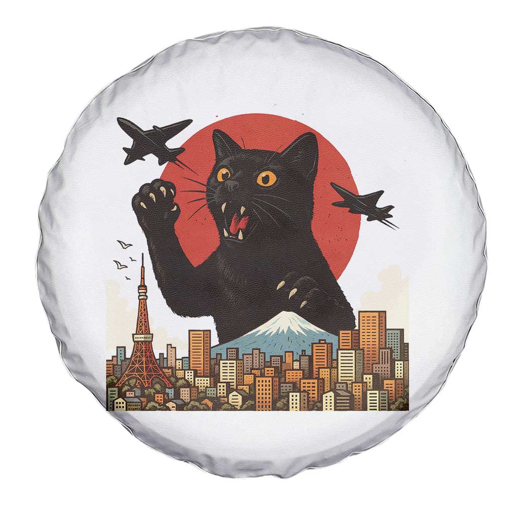 Catzilla Spare Tire Cover Funny Giant Cat Monster Roaring Tokyo Japan - Wonder Print Shop