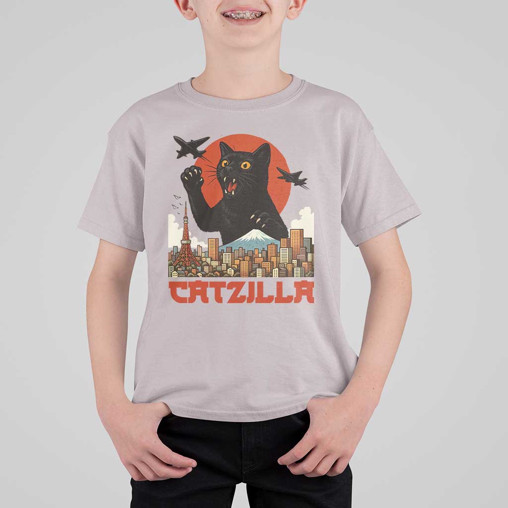 Catzilla T Shirt For Kid Funny Giant Cat Monster Roaring Tokyo Japan - Wonder Print Shop