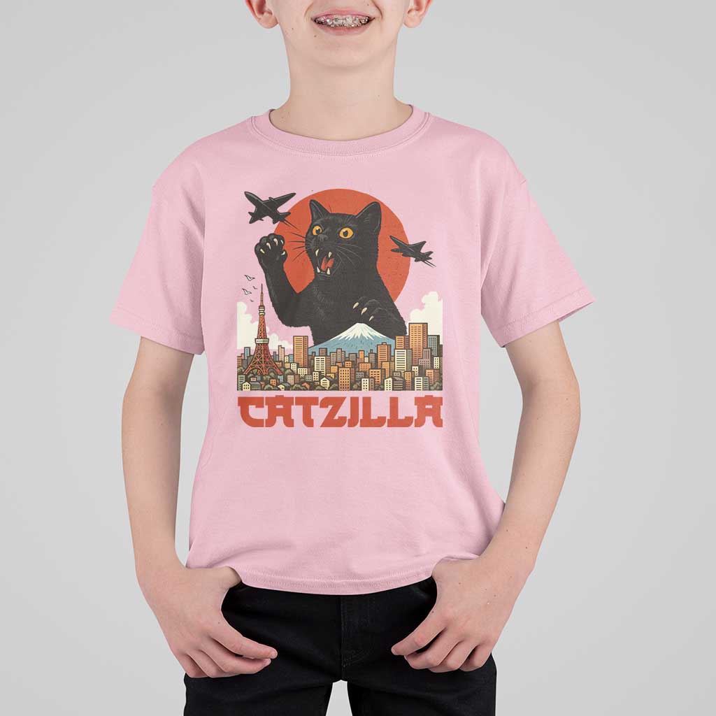 Catzilla T Shirt For Kid Funny Giant Cat Monster Roaring Tokyo Japan - Wonder Print Shop