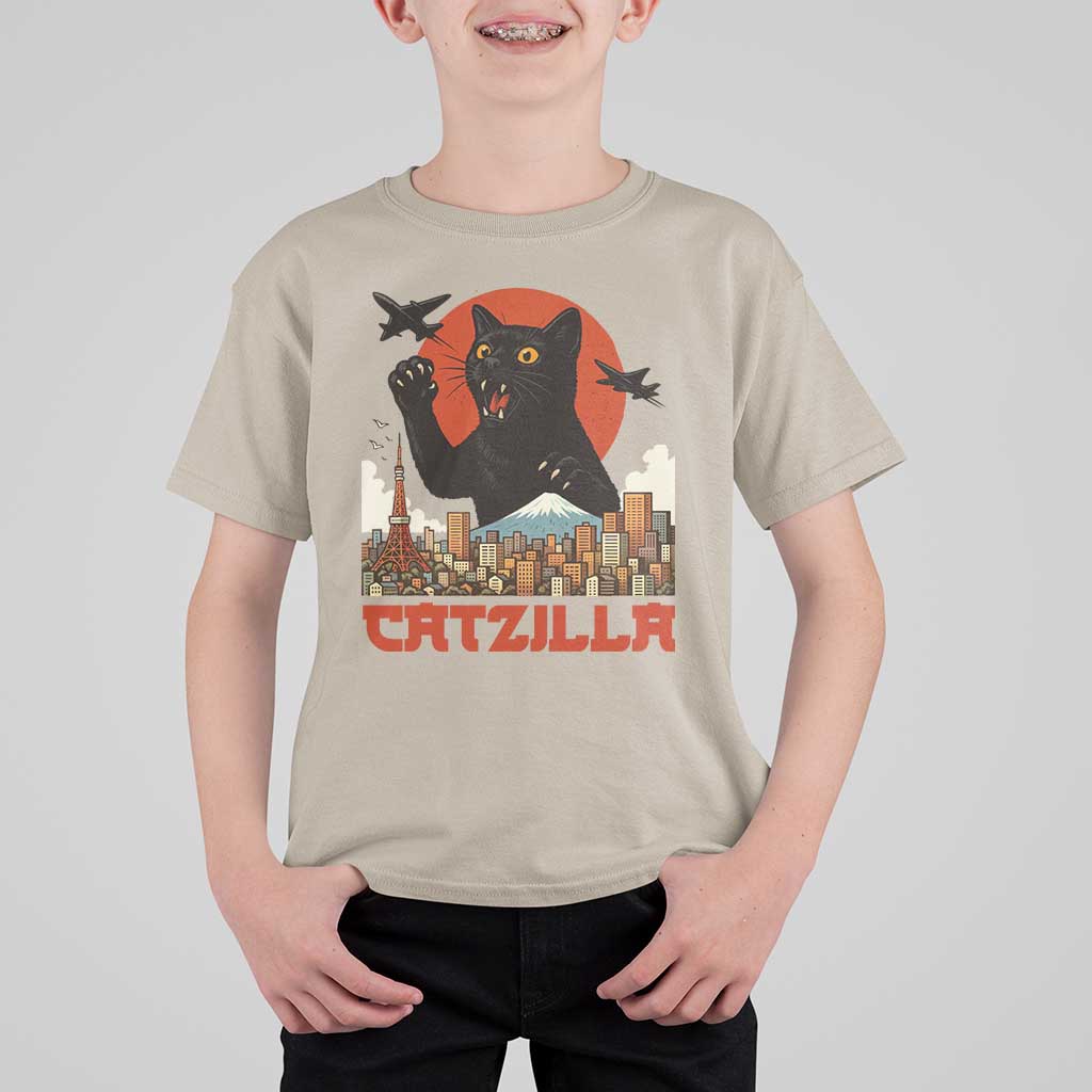 Catzilla T Shirt For Kid Funny Giant Cat Monster Roaring Tokyo Japan - Wonder Print Shop