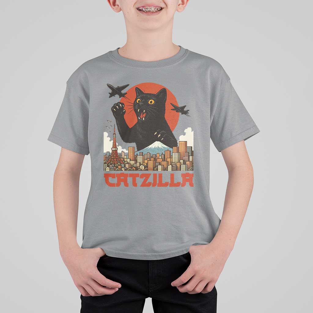 Catzilla T Shirt For Kid Funny Giant Cat Monster Roaring Tokyo Japan - Wonder Print Shop