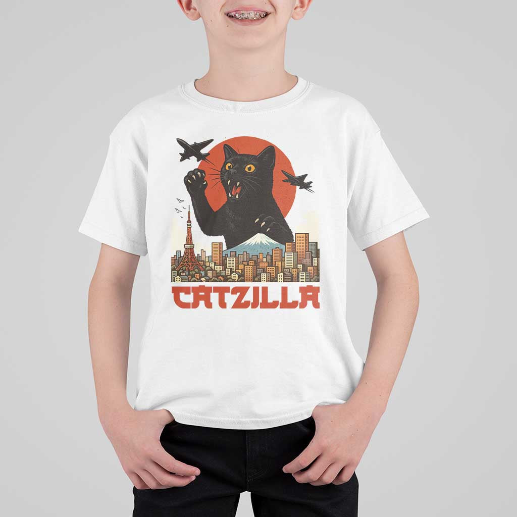 Catzilla T Shirt For Kid Funny Giant Cat Monster Roaring Tokyo Japan - Wonder Print Shop