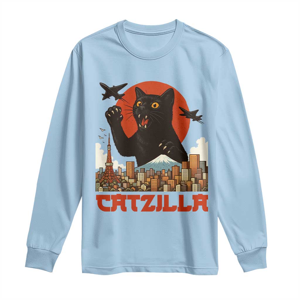 Catzilla Long Sleeve Shirt Funny Giant Cat Monster Roaring Tokyo Japan - Wonder Print Shop
