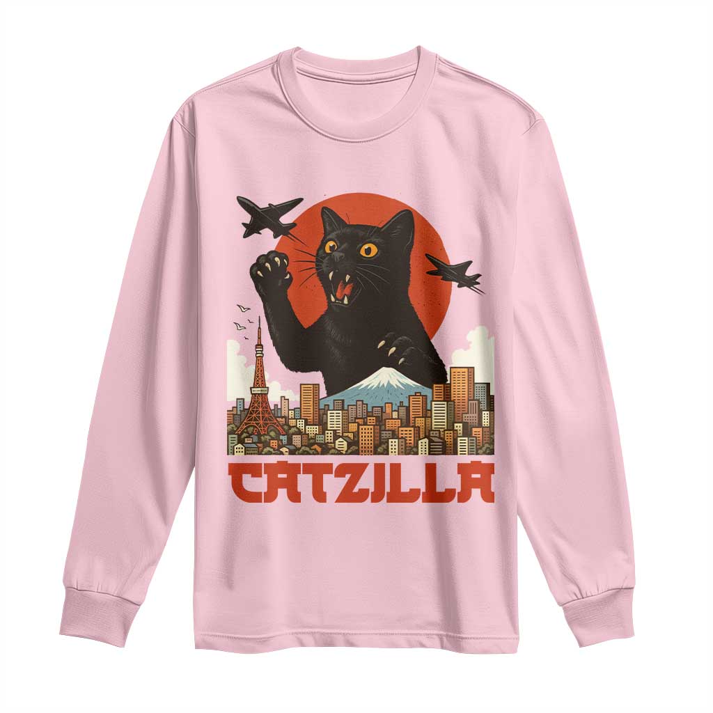 Catzilla Long Sleeve Shirt Funny Giant Cat Monster Roaring Tokyo Japan - Wonder Print Shop
