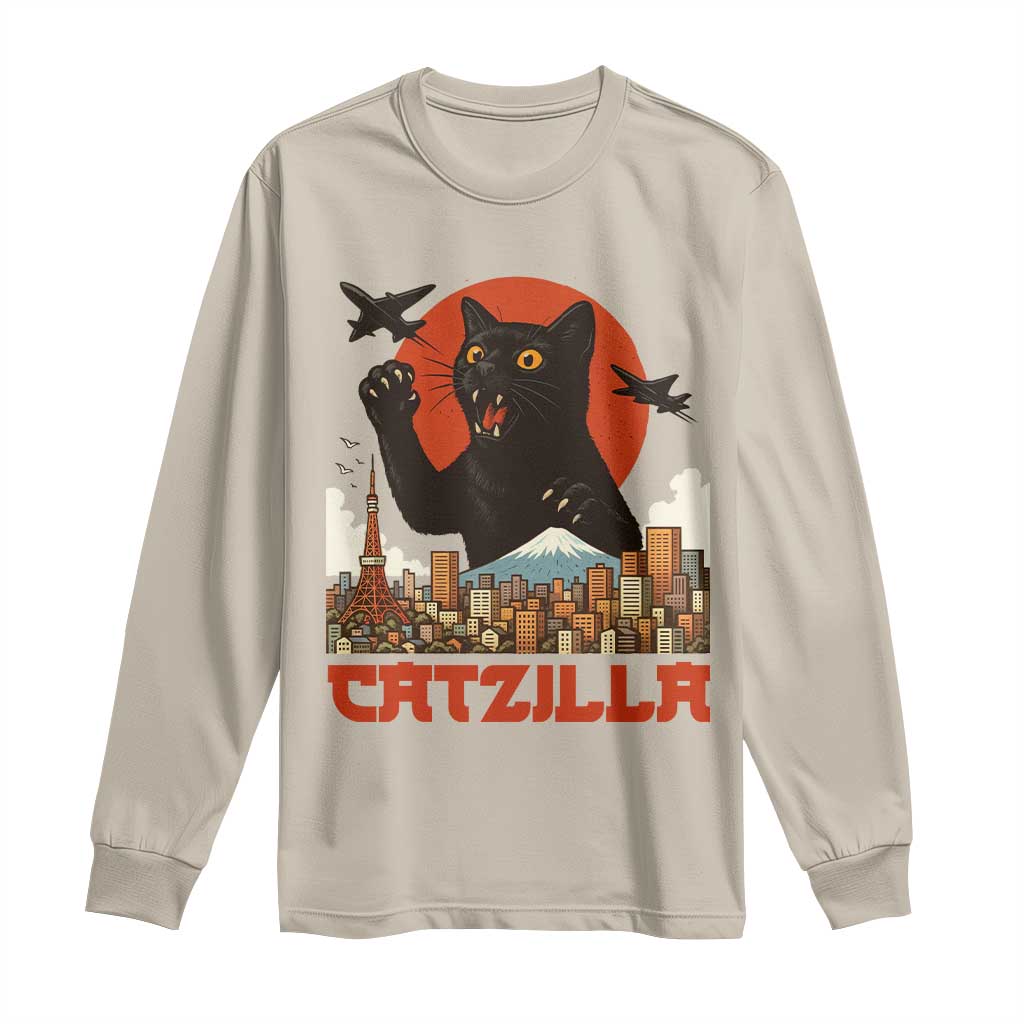 Catzilla Long Sleeve Shirt Funny Giant Cat Monster Roaring Tokyo Japan - Wonder Print Shop
