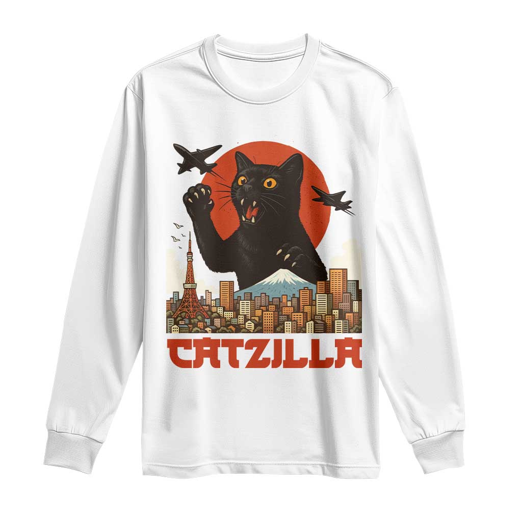 Catzilla Long Sleeve Shirt Funny Giant Cat Monster Roaring Tokyo Japan - Wonder Print Shop