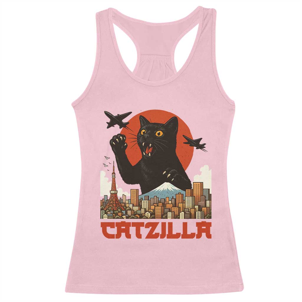 Catzilla Racerback Tank Top Funny Giant Cat Monster Roaring Tokyo Japan - Wonder Print Shop