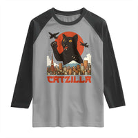 Catzilla Raglan Shirt Funny Giant Cat Monster Roaring Tokyo Japan - Wonder Print Shop